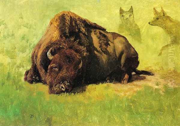 Bison with Coyotes in the Background Oil Painting by Albert Bierstadt