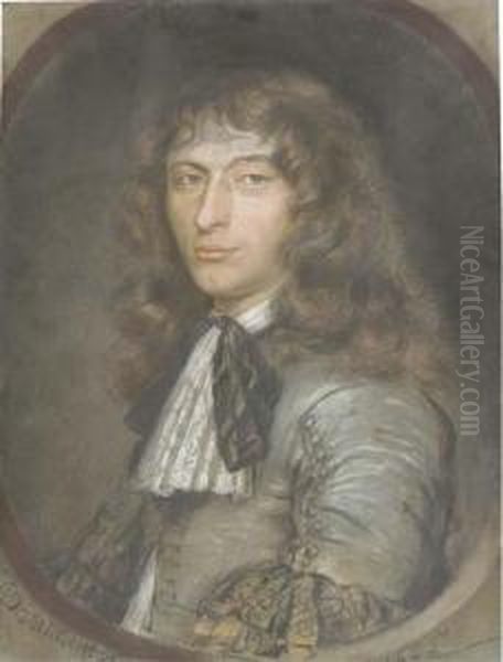 Portrait Of A Young Gentleman, Half-length, In A Grey Costume With Lace Jabot And Black Ribbon, In A Feigned Oval Oil Painting by Bernard Vaillant