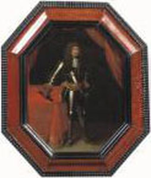 Portrait Of A Nobleman, Said To Be Ernst August, Herzog Von Braunschweig, Full-length, In Armour, Standing Beside A Draped Table Holding A Stick Oil Painting by Jacques Vaillant