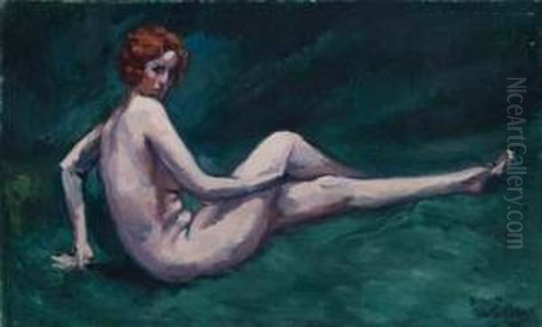 Reclining Nude On The Grass. Oil Painting by Jacques Gaston E. Vaillant