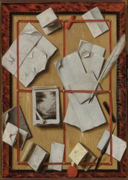 A Trompe L'oeil Still Life With Letters Oil Painting by Wallerand Vaillant