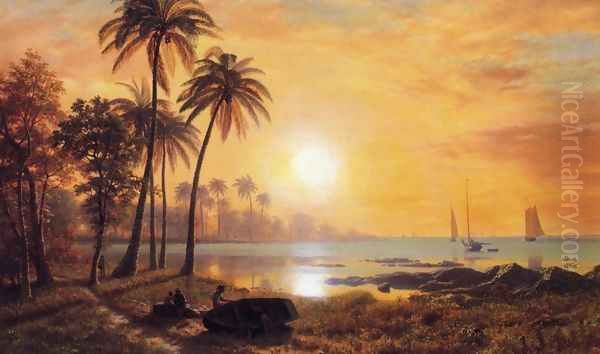 Tropical Landscape With Fishing Boats In Bay Oil Painting by Albert Bierstadt