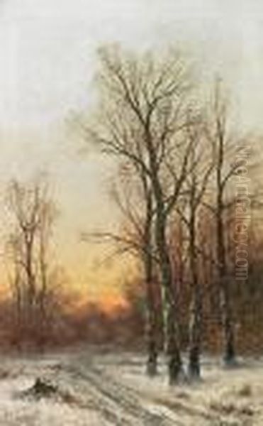 A Winter Forest By Sunset Oil Painting by A. Valadier