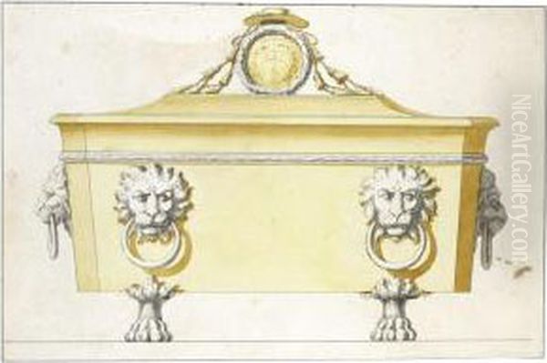 Design For A Sarcophagus Shaped Casket With Lions' Mask Handles,the Cover Surmounted By The Coat Of Arms Of A Cardinal Oil Painting by Luigi Valadier