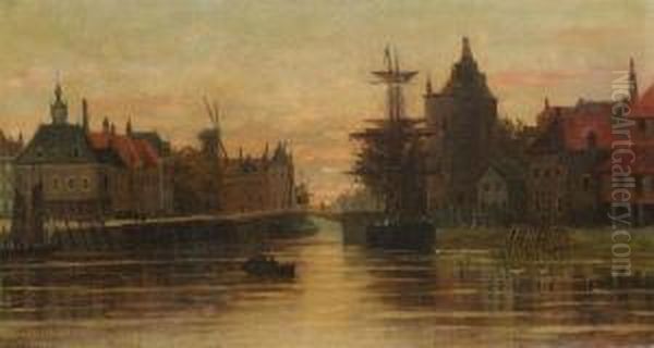 Dutch City View With Canal At Sunset Oil Painting by Leon Valckenaere