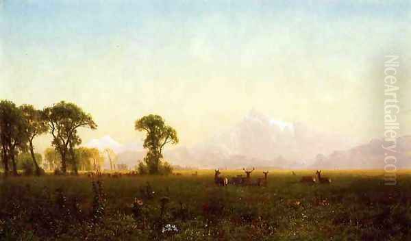 Deer Grazing Grand Tetons Wyoming Oil Painting by Albert Bierstadt