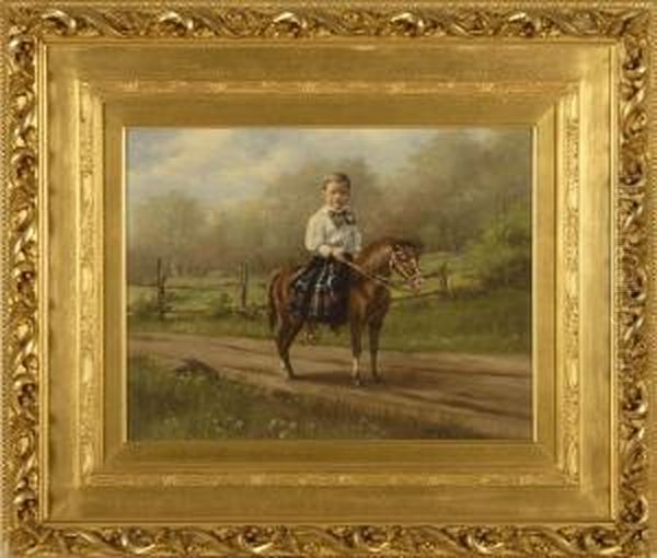 Portrait Of A Boy In A Scottish Kilt Seated On A Pony With Distant Trees Oil Painting by Theodor Victor Carl Valenkamph