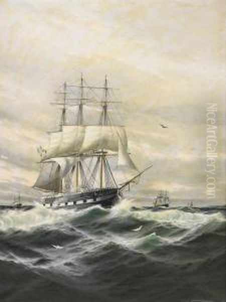 Marin Med Segelfartyg I Hog Sjo Oil Painting by Theodor Victor Carl Valenkamph