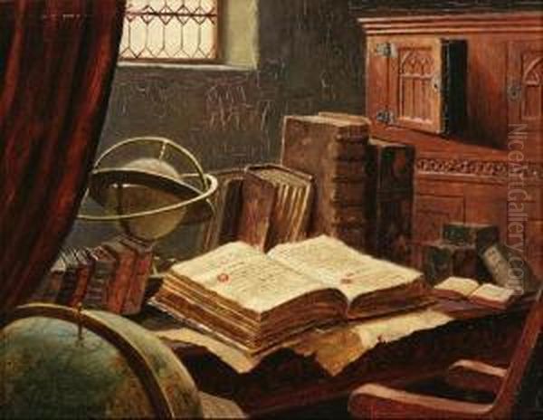 Still Life With Books And Globe Oil Painting by Ludwig Valenta