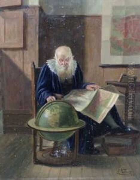 German -- Astronomer With A Globe And A Map Of Venice In An Interior Oil Painting by Ludwig Valenta