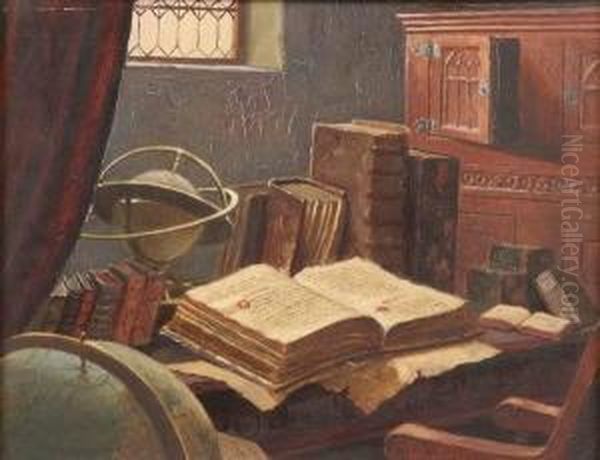 Still Life With Books And Globe Oil Painting by Ludwig Valenta