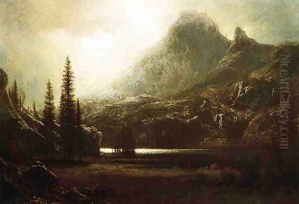 By A Mountain Lake Oil Painting by Albert Bierstadt