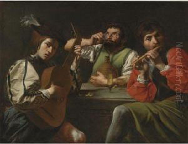 Musicians And Drinkers In An Interior Oil Painting by Valentin De Boulogne