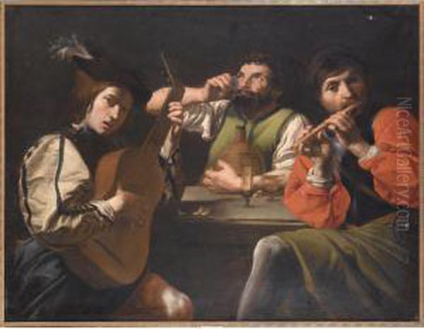 Deux Musiciens Et Un Buveur Dans Un Interieur Oil Painting by Valentin De Boulogne