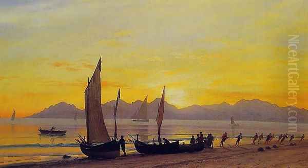 Boats Ashore At Sunset Oil Painting by Albert Bierstadt