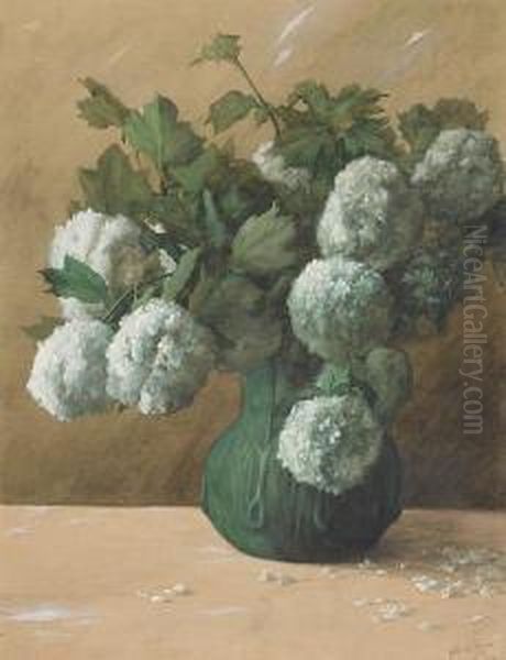 White Flowers In A Green Vase Oil Painting by Albert R. Valentine