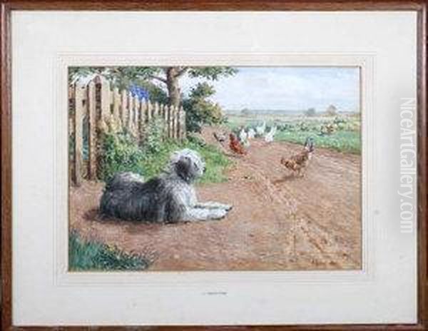 An Old English Sheep Dog And Poultry By A Garden Fence Oil Painting by John Valentine