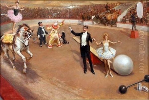 The Circus Ring With Clowns And Equestrian Acts Oil Painting by John Valentine