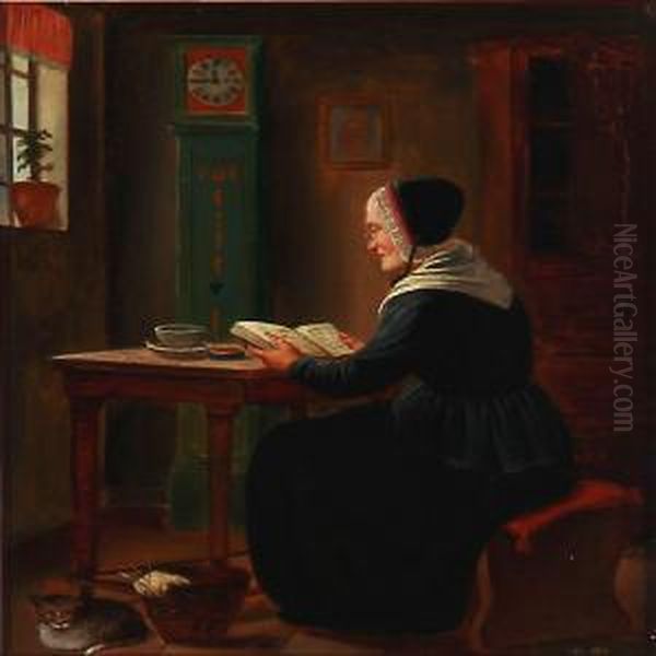 An Elderly Woman Reading By The Window Oil Painting by Rosa Valentiner