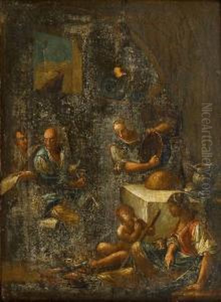 Joueur De Cornemuse Dans Une Cuisine Animee De Personnages. Oil Painting by Gian Domenico Valentino