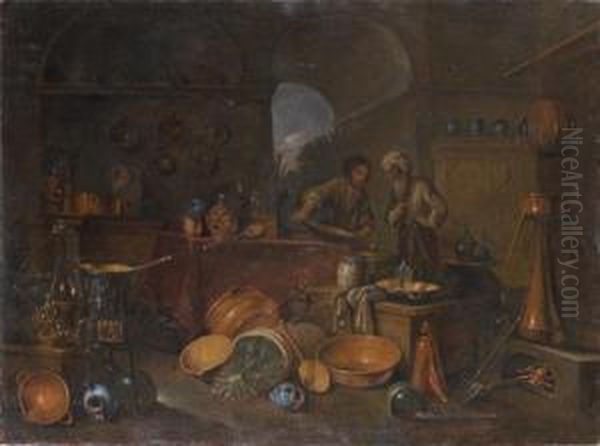 Un Interieur De Cuisine Anime De Personnages Oil Painting by Gian Domenico Valentino