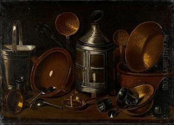 A Lantern With Copper Pans, An Earthenware Dish And Other Kitchen Utensils On A Table-top Oil Painting by Gian Domenico Valentino