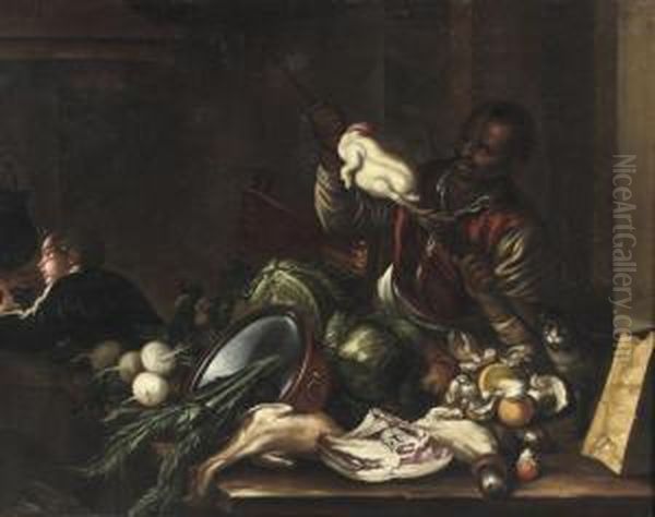 A Servant Spitting A Chicken In A Kitchen Interior With A Table Laid With Various Meats And Vegetables, A Boy Near A Fireplace Beyond Oil Painting by Giovanni Domenico Valentino