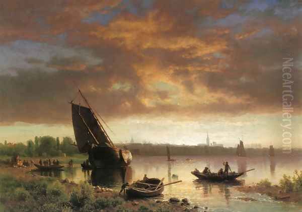 Harbor Scene Oil Painting by Albert Bierstadt