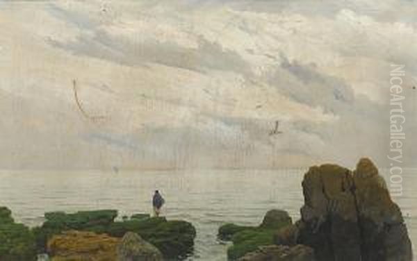 Figure On A Rocky Shore, Near San Vicente,chile Oil Painting by Alberto Valenzuela Llanos