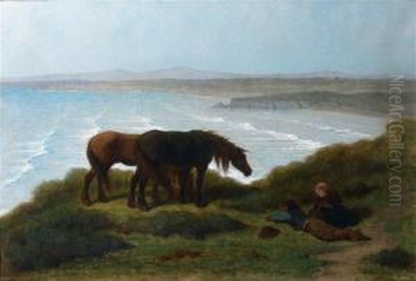 Chevaux Bretons Sur Les Falaises De Ris Par Temps De Brise, Peninsule De Douarnenez Oil Painting by Theodore Valerio