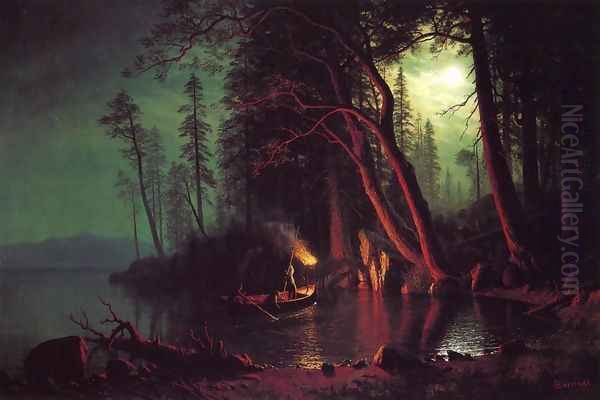 Lake Tahoe Spearing Fish By Torchlight Oil Painting by Albert Bierstadt