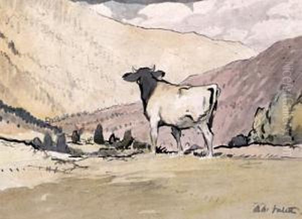 Cow In A Mountainous Landscape Oil Painting by Adolphe Pierre Valette