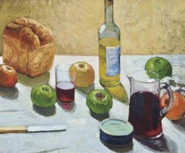 Still Life With Bread And Wine Oil Painting by Adolphe Pierre Valette