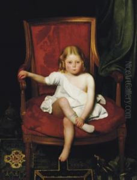 Portrait Of A Young Girl Seated In A Large Red Bergere Oil Painting by Charles Valfort