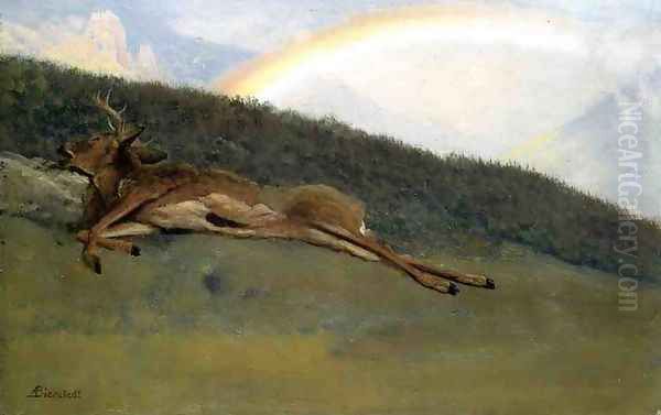 Rainbow Over A Fallen Stag Oil Painting by Albert Bierstadt