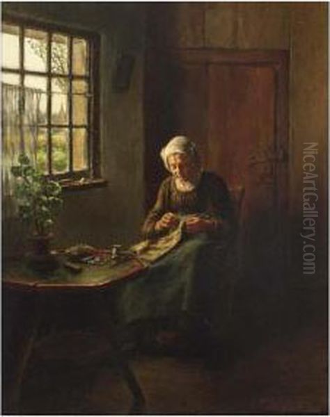 Woman Knitting In An Interior Oil Painting by Bertha Valkenburg