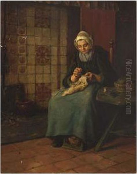 Darning Oil Painting by Bertha Valkenburg