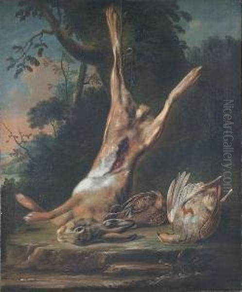 Still Life - Dead Hare And Game In A Landscape Oil Painting by Dirk Valkenburg