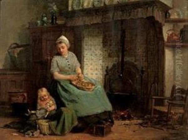 Peeling Potatoes In A Dutch Interior Oil Painting by Hendrik Valkenburg