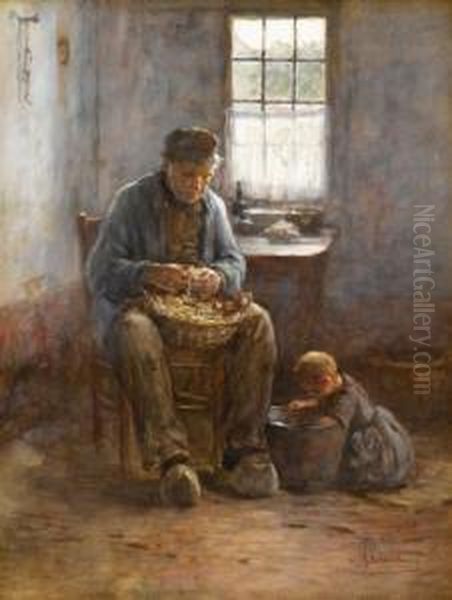 Peeling Potatoes Oil Painting by Hendrik Valkenburg