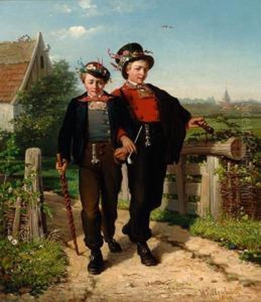 Two 'brulfteneugers' Leaving A Farmhouse Oil Painting by Hendrik Valkenburg