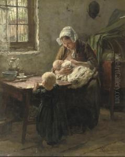 Feeding The Baby Oil Painting by Hendrik Valkenburg