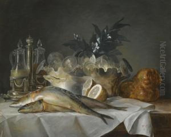 A Still Life Of Mackerel, Glassware, A Loaf Of Breadand Lemons On A Table With A White Cloth Oil Painting by Anne Vallayer-Coster