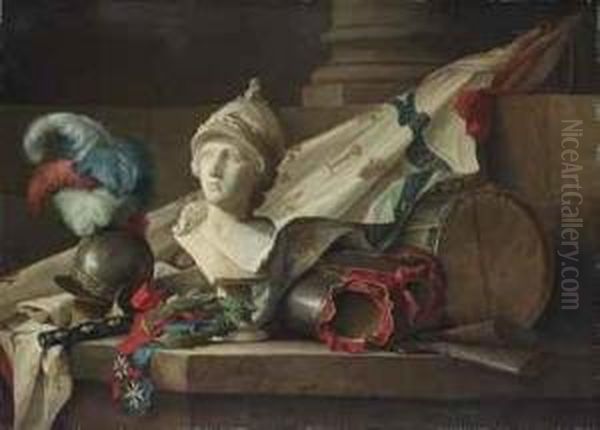 A Bust Of Minerva, Armour, Muskets, A Drum, A Standard, The Batonof Command Of A Marechal De France, A Laurel Wreath And The Ordersof Saint-louis And Of The Saint-esprit, All On A Stone Ledge Oil Painting by Anne Vallayer-Coster