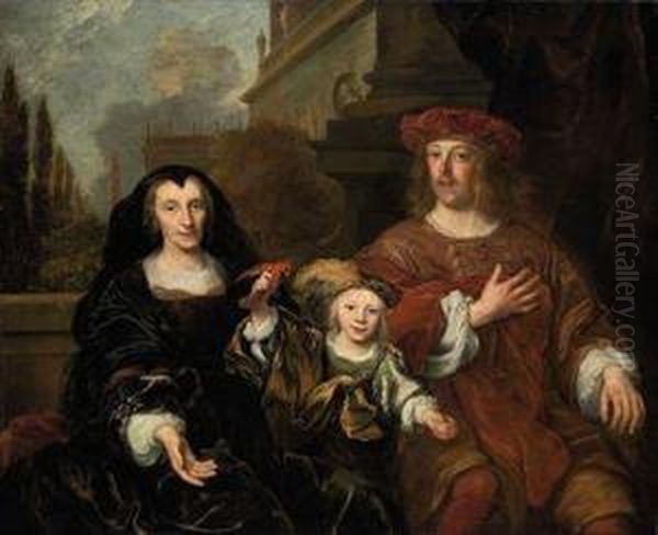 A Family Portrait Of A An Elderly Woman With Her Son And Grandson, Three-quarter Length, Seated, On A Palatial Balcony Oil Painting by Louis Vallee