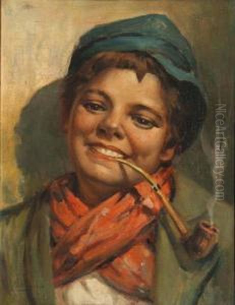 Portrait Of A Boy Smoking A Pipe Oil Painting by Valley