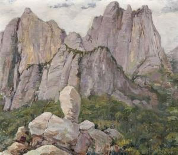 Montserrat Desde El Hotel Puig. Oil Painting by Joan Vallhonrat Sadurni