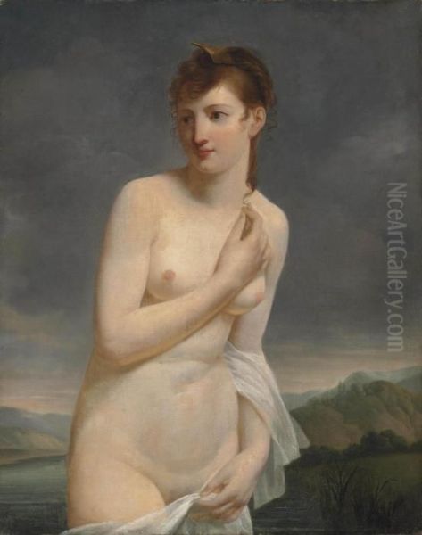 A Female Bather, In An Extensive River Landscape Oil Painting by Jacques Antoine Vallin