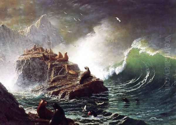 Seals On The Rocks Farallon Islands Oil Painting by Albert Bierstadt