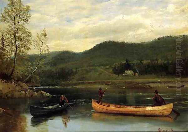 Men In Two Canoes Oil Painting by Albert Bierstadt